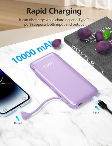 Portable Charger Power Bank with Built-in Cable & AC Plug, 10000mAh Fast USB-C Charger, Slim Mini Battery for iPhone 16/15/14/13/Pro/Max & All USB-C Devices in Kuwait