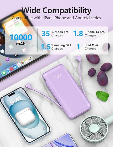 Portable Charger Power Bank with Built-in Cable & AC Plug, 10000mAh Fast USB-C Charger, Slim Mini Battery for iPhone 16/15/14/13/Pro/Max & All USB-C Devices in Kuwait