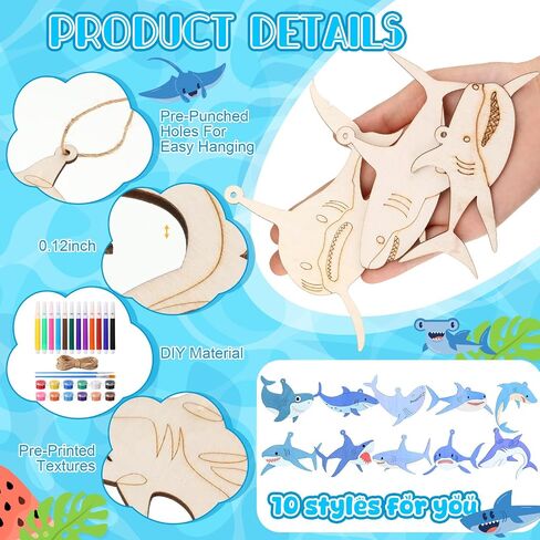 Blosssound 40 Pcs Easter Wooden Ornaments Sea Animal Shark Unfinished Wood Crafts to Paint Predrilled Circles Kit Craft for Decor with Rope and Paints Hanging Present Tags(Egg) in Saudi Arabia