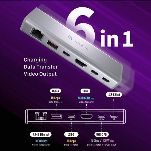 Adam Elements USB-C Stand Ultra/Laptop Station-Casa Hub Stand Ultra USB-C Magnetic 6in1 Hub Stand لجميع جهاز MacBook و iPad و USB-C المحمول-USB-C Host ، USB-C PD ، USB-C ، USB-A ، HDMI ، RJ45 (Gray) in Saudi Arabia