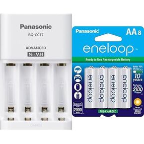 Panasonic "Advanced" eneloop Individual Battery 3 Hour Quick Charger with 4 LED Charge Indicator Lights, White & BK-4MCCA8BA eneloop AAA 2100 Cycle Ni-MH Pre-Charged Rechargeable Batteries, 8 Pack