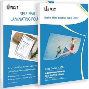 Uinkit 100 sheets Brochure Paper Glossy Double Sided 8.5x11 Inkjet 37lb 140gsm and Uinkit Self Sealing Laminating Pouches 9x11.5inches 10Pack 10mil Thick