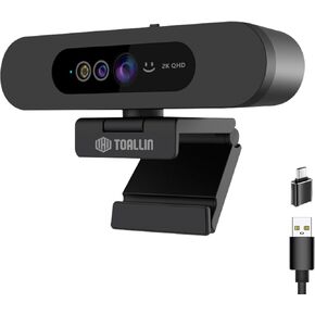 TOALLIN 2K QHD Webcam for Windows Hello Face Login, IR Facial Recognition Camera, USB Webcam with Microphone, 92° Wide Angle View, Computer Web Camera for Video Calls