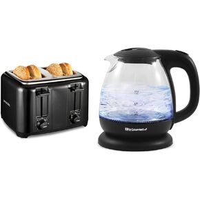 Proctor Silex 4 Slice Toaster with Extra Wide Slots, Black (24215PS) & Elite Gourmet EKT1001 Electric BPA-Free Glass Kettle, Black, 1L