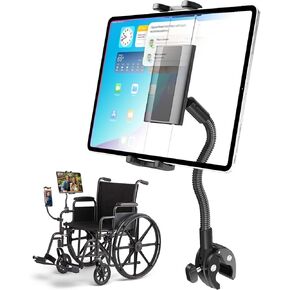 Charchendo Tablet Holder for Wheelchair Handle, Wheelchair Phone Tablet Mount with 9.45" Aluminum Arm 360° Rotation Adjustment Compatible with 4-13'' iPad Pro/Air/Mini, iPhones, Galaxy Z, E-Book