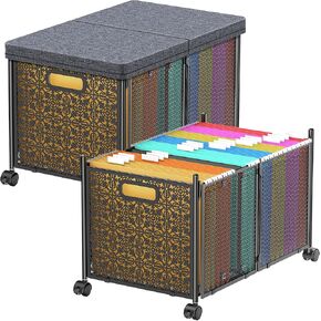 File Organizer Box, Large File Box for Hanging Letter/Legal Size File, File Folder Storage Box with Wheels, Decorative File Box for Office/Decor/Home, Metal