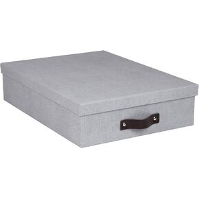 Bigso Box of Sweden Oskar Canvas Fiberboard Document Letter Box | File Organizer Document Box for Important Paperwork | Document Storage Box with a Lid & Leather Handle | 3.3" x 10.2" x 13.8" | Gray