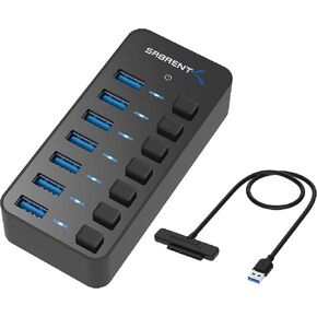 7 Port USB 3.0 Hub with Individual Power Switches and LEDs Includes 36W 12V/3A Power Adapter+USB 3.0 to SSD / 2.5 Inch SATA I/II/III Hard Drive Adapter