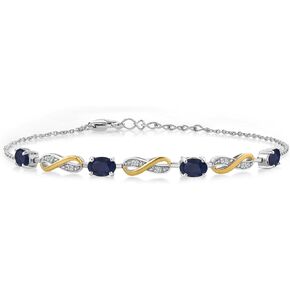 Gem Stone King 925 Sterling Silver and 10K Yellow Gold Oval Blue Sapphire and White Lab Grown Diamond Infinity Tennis Bracelet For Women (2.27 Cttw, Fully Adjustable Up to 7.5 Inch)