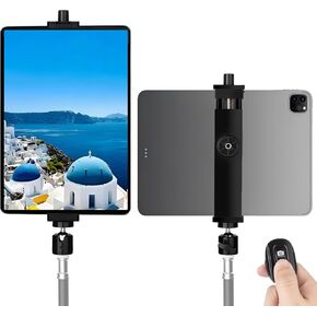 iPad Tripod Mount Adapter with Ball Head, Universal 360 Rotatable Tablet Clamp Holder with Bluetooth Remote for iPad Pro 12.9, iPad Air Mini, Galaxy Tab, Selfie Stick(6.2-11.8")