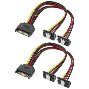 MEIRIYFA SATA 15Pin Power Y Splitter Cable, SATA 15 Pin Male to Dual Female Right Angle Connectors Adapter Power Cable 18AWG for Hard Drive Disks HDD, SSD (2Pack, 20CM)