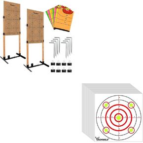 Highwild 2 Pack Adjustable Target Stand Bases for Paper Shooting Targets Cardboard Silhouette with 50 Pack 11"x 11" Bullseye Shooting Paper Targets