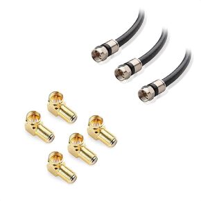 Cable Matters 3-Pack Black Round CL2 Rated Quad Shielded RG6 Coaxial Cable, 1.5 Feet, with 5 Gold Plated Right Angle F-Type RG6 Adapters for Cable TV, Satellite, VCR, Modem