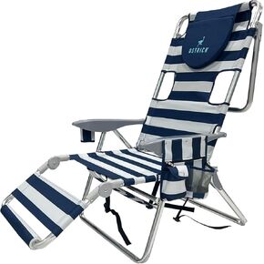 Ostrich Backpack 3N1 Chair - with Cooler Bag, Portable, Reclining Lounger for Tanning - Face Hole for Reading on Stomach, Aluminum (Navy Blue & White)