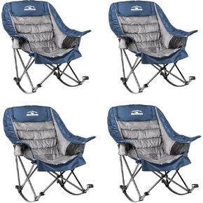 Oversized Rocking Camping Chair, Fully Padded Camp Chairs for Adults with Side Pocket and Cup Holder, Heavy-Duty 400lbs Capacity, Blue & Gray