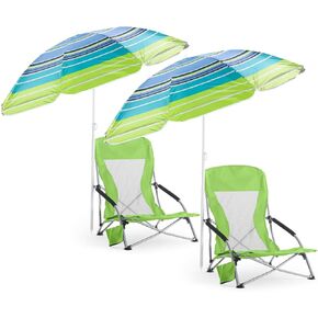 Huwena 2 Pack Beach Chair for Adult with 2 Umbrella Low Folding Chair Detachable Adjustable Lightweight with Armrests Cup Holder Carry Bag Portable for Sand Camping Travel Outdoor Pool (Dark Blue)