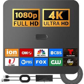Amplified 280 Mile Range HD Digital Antenna - Supports 4K TVs, 1080p, Fire tv Stick - Indoor Smart Switch Signal Booster with 16.5 ft Coax Cable