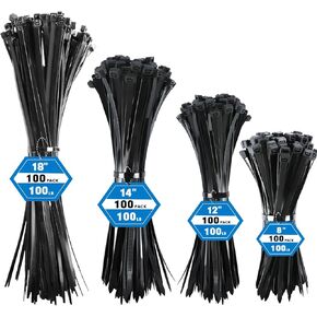 روابط zip أحجام متغيرة ، حزمة Razcc 400 (8+12+14+18inch) علاقات الكابل الأسود ، وروابط الأسلاك البلاستيكية ذاتية القفل مع قوة شد 100 رطل ، وروابط سحاب نايلون أسود للداخلية والخارجية في الهواء الطلق