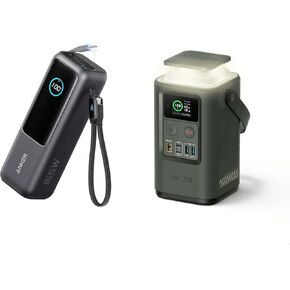 Anker Power Bank 25K 165W with Built-in USB-C and Retractable Cable Power Station 60,000mAh 87W with Smart Display, Lighting, SOS Mode, and Home Backup for Travel and Camping