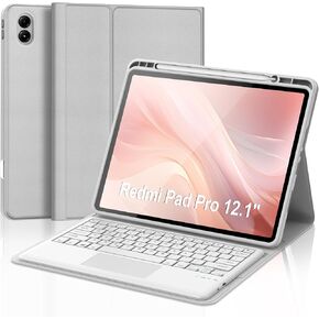 IVEOPPE Touchpad Keyboard Case for Xiaomi Redmi Pro 12.1'' 2024, Folio Slim PU Stand Case Cover with Cute Key Wireless Detachable TouchPad Keyboard with Pencil Holder,Black