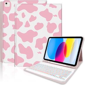 TopPerfekt for iPad Air 11-inch (M2 2024/M3 2025) Keyboard Case, Detachable, Rechargeable, Magnetically Absorbent, Pencil Holder for iPad Air 4/5th 2020/2022 10.9" - Cow Pink
