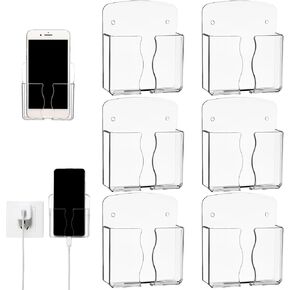 Geelin 6 Pcs Wall Mounted Phone Holder Self Adhesive Cell Phone Stand with Charging Hole Acrylic Clear Remote Control Stand Bedside Organizer for Home Office(Clear)