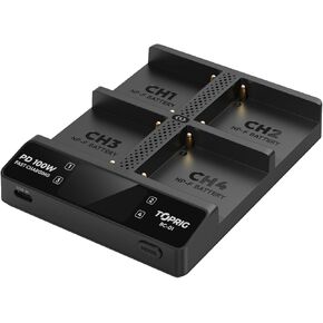 Accsoon Toprig BC-01 شاحن البطارية السريع 4-Bay لبطاريات NP-F F550 F750 F970 1.47 بوصة شاشة LCD في الوقت الفعلي شحن البطارية تنشيط CNC قاعدة المعادن تبديد الحرارة (الشاحن)