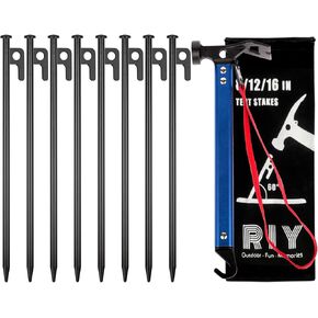 12'' 8pcs Tent Stakes and 12" Carbon Steel Aluminum Camping Hammer Blue