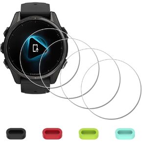 [4Pcs Screen Protector for Garmin Fenix 8 AMOLED 47mm / Fenix 8 Solar 47mm+[4Pcs] Silicone Anti-dust Plugs,Tempered Glass,9H Hardness,Anti-Scratch,Anti-Bubble,Easy Installation
