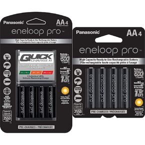 Eneloop Panasonic K-KJ55KHC4BA شاحن بطارية سريع 4 ساعات مع بطاريات 4AA PRO PRO قابلة لإعادة الشحن و PANASONIC BK-3HCCA4BA PRO AA عالية السعة NI-MH بطاريات مشحونة مسبقًا ، 4 حزمة