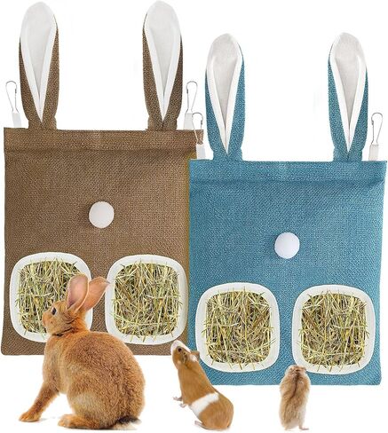 2 Pieces Hay Bag for Rabbits, 2-Hole Rabbit Hay Feeder for Guinea Pigs, Rabbits, Chinchillas, Hamsters, Mice and Small Pets in Kuwait