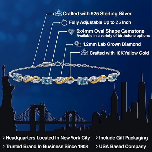 Gem Stone King 925 Sterling Silver and 10K Yellow Gold Oval Blue Sapphire and White Lab Grown Diamond Infinity Tennis Bracelet For Women (2.27 Cttw, Fully Adjustable Up to 7.5 Inch) in Saudi Arabia