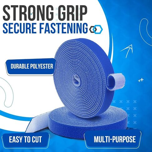 TNP Hook and Loop Tape Strap Cable Ties Fastener (Blue) (15 Feet) - Sticky Self Adhesive Nylon Fabric Roll Wrap 0.75" Wide 5 Yards Reusable for Cutting Custom Length Cord Wire Fastening in Kuwait
