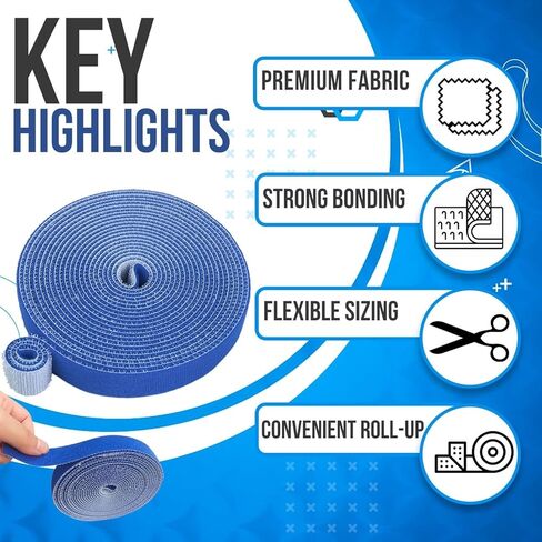 TNP Hook and Loop Tape Strap Cable Ties Fastener (Blue) (15 Feet) - Sticky Self Adhesive Nylon Fabric Roll Wrap 0.75" Wide 5 Yards Reusable for Cutting Custom Length Cord Wire Fastening in Kuwait
