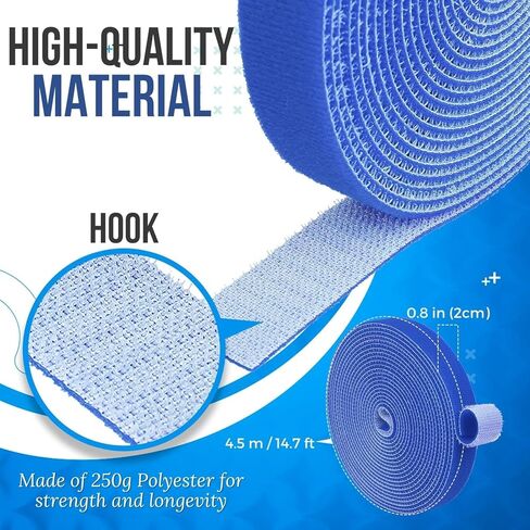 TNP Hook and Loop Tape Strap Cable Ties Fastener (Blue) (15 Feet) - Sticky Self Adhesive Nylon Fabric Roll Wrap 0.75" Wide 5 Yards Reusable for Cutting Custom Length Cord Wire Fastening in Kuwait
