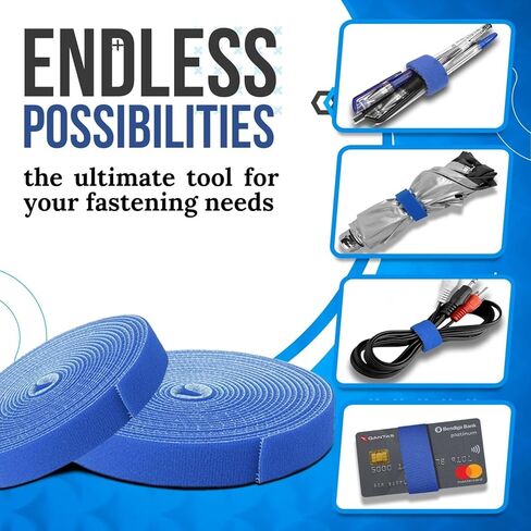 TNP Hook and Loop Tape Strap Cable Ties Fastener (Blue) (15 Feet) - Sticky Self Adhesive Nylon Fabric Roll Wrap 0.75" Wide 5 Yards Reusable for Cutting Custom Length Cord Wire Fastening in Kuwait