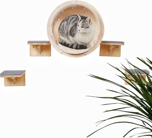 Wall-Mounted Cat Bed Furniture Round Space Capsule Acrylic Perch Steps，Wooden Shelf Cat Lover Gift Cat Tree Tower- for Larg Cats up to 30 Lbs-Classic Style-1 in Saudi Arabia