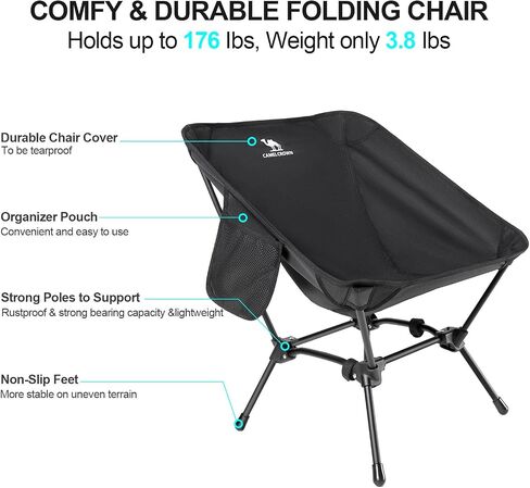 CAMEL CROWN Folding Camping Chair, Lightweight Portable Compact Lawn Chair with Side Pocket for Outdoor Travel Beach Picnic Hiking Backpacking Black Visit The Store in Saudi Arabia