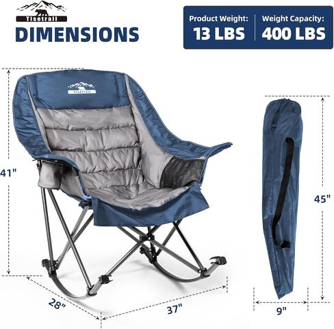 Oversized Rocking Camping Chair, Fully Padded Camp Chairs for Adults with Side Pocket and Cup Holder, Heavy-Duty 400lbs Capacity, Blue & Gray in Kuwait