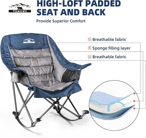 Oversized Rocking Camping Chair, Fully Padded Camp Chairs for Adults with Side Pocket and Cup Holder, Heavy-Duty 400lbs Capacity, Blue & Gray in Kuwait