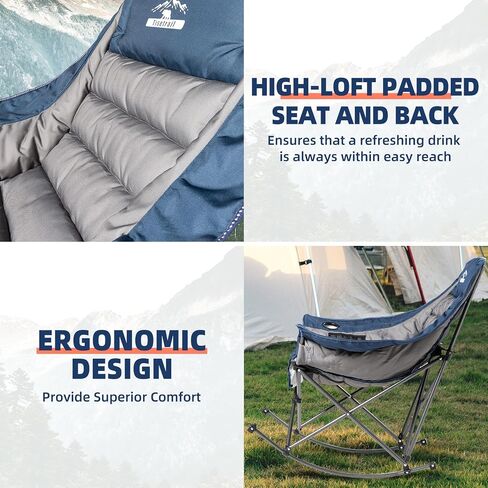 Oversized Rocking Camping Chair, Fully Padded Camp Chairs for Adults with Side Pocket and Cup Holder, Heavy-Duty 400lbs Capacity, Blue & Gray in Kuwait