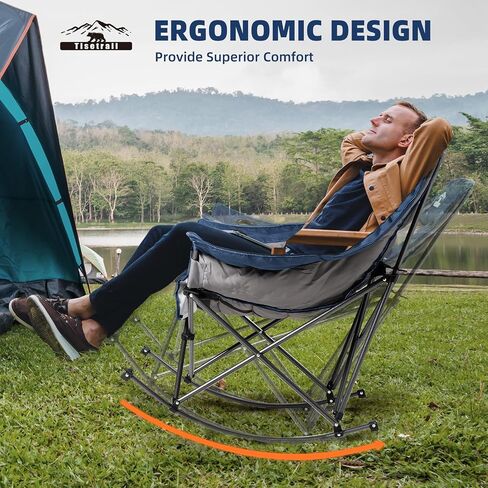 Oversized Rocking Camping Chair, Fully Padded Camp Chairs for Adults with Side Pocket and Cup Holder, Heavy-Duty 400lbs Capacity, Blue & Gray in Kuwait