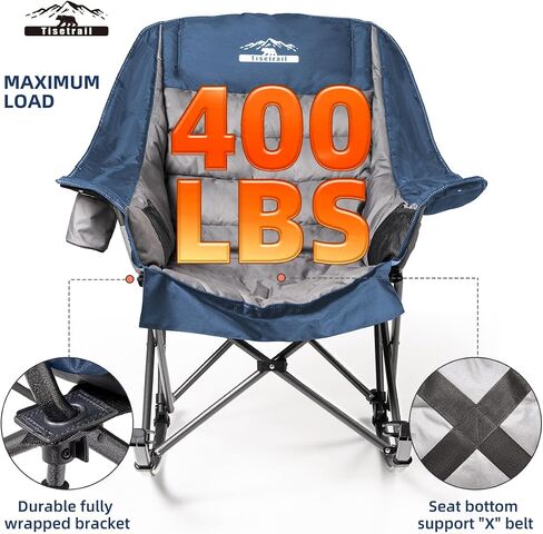Oversized Rocking Camping Chair, Fully Padded Camp Chairs for Adults with Side Pocket and Cup Holder, Heavy-Duty 400lbs Capacity, Blue & Gray in Kuwait