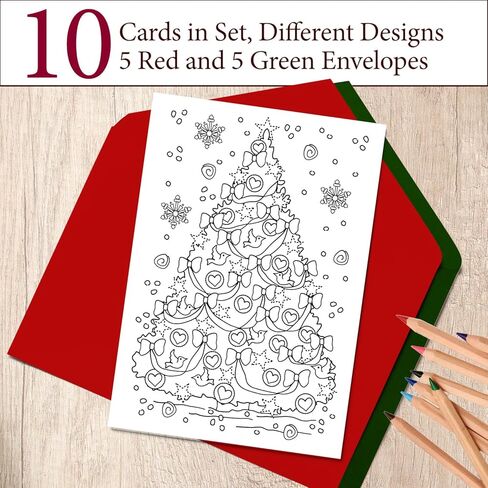 بطاقات تلوين عيد الميلاد من Art Eclect للبالغين، 10 بطاقات فريدة، 5 مظاريف حمراء و5 خضراء (عيد الميلاد F1/10) in Kuwait