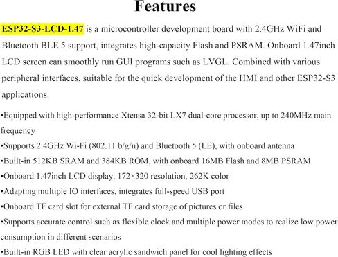لوحة تطوير العرض ESP32-C6 1.47 بوصة ، 172 × 320 ، لون RGB 262K ، لون 262 كيلو بايت ، معالج أحادي النواة التكرار 160 ميجا هرتز ، دعم W-I & BLE ، مع LED RGB الملونة ، ESP32 مع العرض in Kuwait