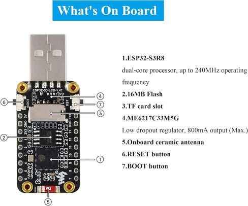 لوحة تطوير العرض ESP32-C6 1.47 بوصة ، 172 × 320 ، لون RGB 262K ، لون 262 كيلو بايت ، معالج أحادي النواة التكرار 160 ميجا هرتز ، دعم W-I & BLE ، مع LED RGB الملونة ، ESP32 مع العرض in Kuwait