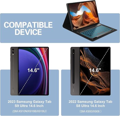 حالة لوحة المفاتيح لـ Samsung Galaxy Tab S10 Ultra/S9 Ultra/S8 Ultra 14.6 بوصة ، 7 ألوان لوحة مفاتيح لاسلكية قابلة للفصل ، حالة من الورقة الواقية النحيفة مع حامل القلم S ، النوم التلقائي/الاستيقاظ ، الأزرق in Saudi Arabia