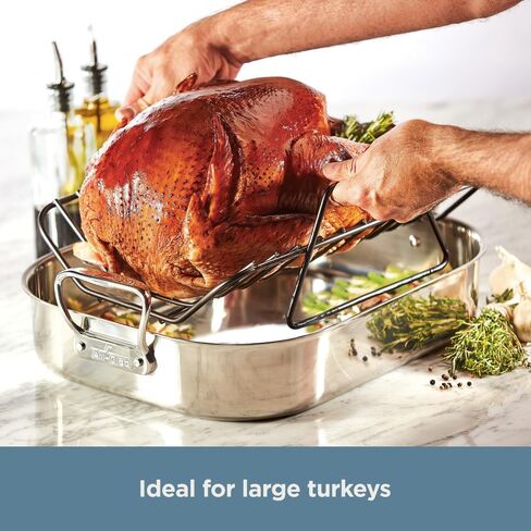 All-Clad Specialty Stainless Steel Roaster and Nonstick Rack 16x13x5 Inch Oven Broiler Safe 600F Roaster Pan, Pots and Pans, Bakeware, Turkey, Silver in Saudi Arabia