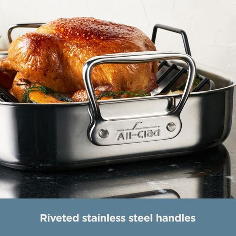 All-Clad Specialty Stainless Steel Roaster and Nonstick Rack 16x13x5 Inch Oven Broiler Safe 600F Roaster Pan, Pots and Pans, Bakeware, Turkey, Silver in Saudi Arabia