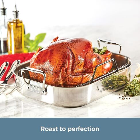 All-Clad Specialty Stainless Steel Roaster and Nonstick Rack 16x13x5 Inch Oven Broiler Safe 600F Roaster Pan, Pots and Pans, Bakeware, Turkey, Silver in Saudi Arabia